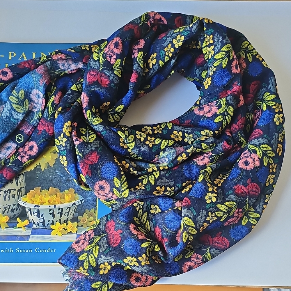 Vibrant Floral Scarf in Blue and Red